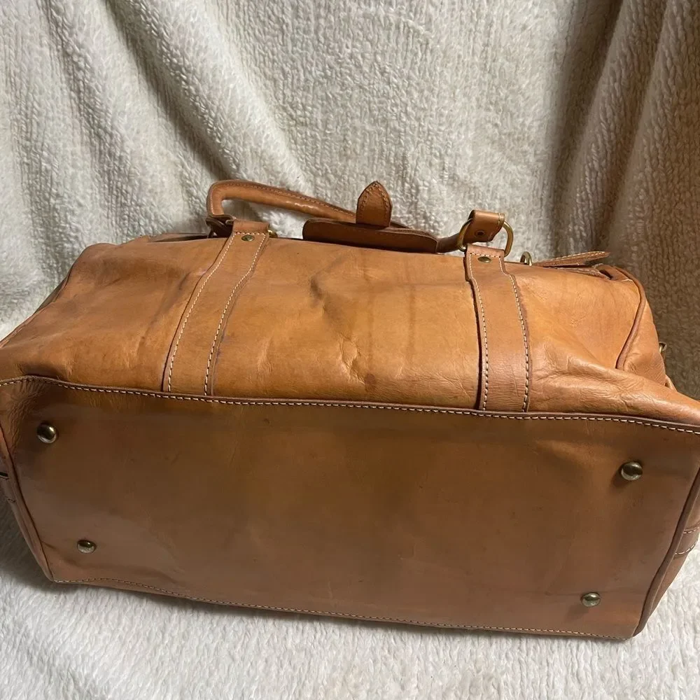 Classic Tan Leather Duffel travel weekender Bag gold tone hardwares